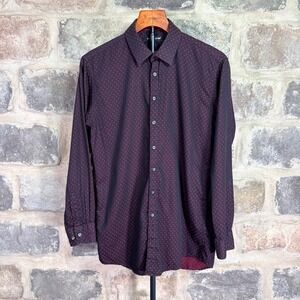 Report Collection Mens XL Burgundy‎ Black Micro Diamond Button Down Shirt Office